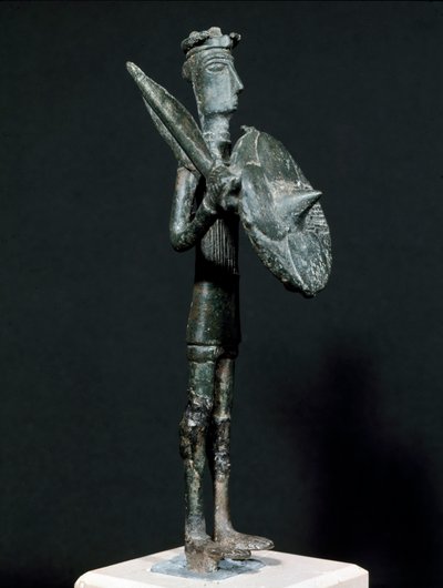Bronze statue of Teti warrior from the Arcosu Mountains. 8th-7th century BC. Museo Nazionale Archeologico, Cagliari, Sardinia, Italy by Sardinia Nuragic Civilization