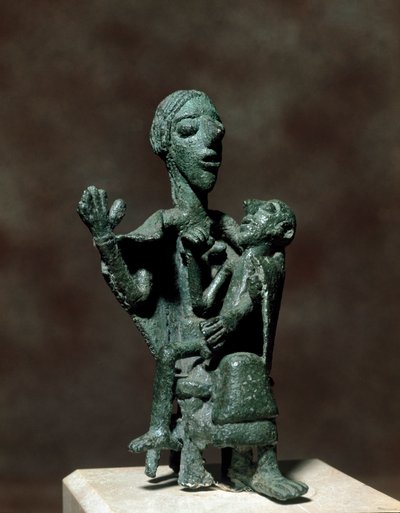 Bronze statuette of Mother Goddess with her son. 8th-7th century BC. Museo Nazionale Archeologico, Cagliari, Sardinia, Italy by Sardinia Nuragic Civilization