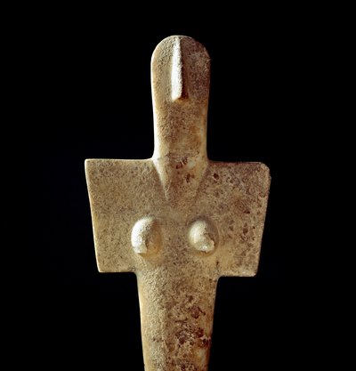 Nuragic culture: limestone statuette of mother goddess, cycladic type idol, from Senorbi dating from the prenuragic period. Cagliari, Museo Nazionale Archeologico, Sardinia, Italy by Sardinia Nuragic Civilization