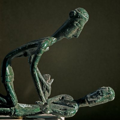 Nuragic culture: sculpted group of bronze wrestlers. From Mount Arcosu. Cagliari, Museo Nazionale Archeologico, Sardinia, Italy by Sardinia Nuragic Civilization