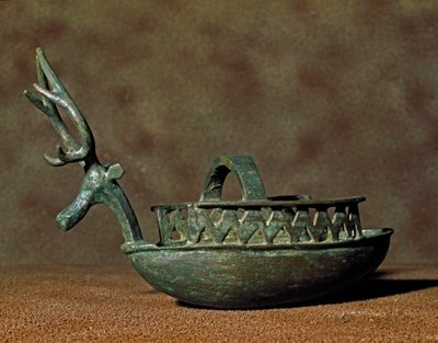 Sculpture in the Shape of a Boat with Figures of a Deer Head by Sardinia Nuragic Civilization