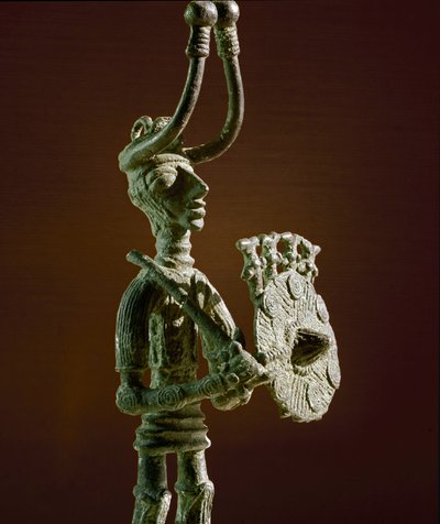 Statuette of a warrior with a shield and a bronze sword. 8th-7th century BC. Museo Nazionale Archeologico, Cagliari, Sardinia, Italy by Sardinia Nuragic Civilization