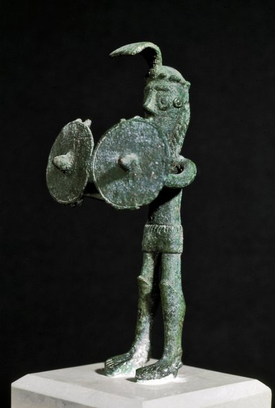 Statuette representing a demonic creature armed with a double shield in bronze. 8th-7th century BC. Museo Nazionale Archeologico, Cagliari, Sardinia, Italy by Sardinia Nuragic Civilization