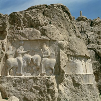 Two bas-reliefs, the left with the investiture of Bahram I and the right showing Bahram II with his family, second half of 3rd century by Sasanian