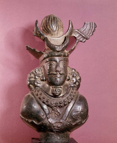 Bust of a Sassanid king in bronze, he wears the royal outfit, with hairstyle featuring a globe supported by lunar crescents. 6th-7th century. E. Borowski Collection by Sasanian School
