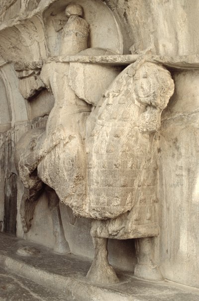 Carving of Khosrow Parviz on his horse Shabdiz with the equipment of a heavy-armoured knight, c.620 AD by Sasanian School