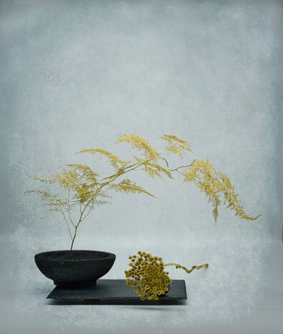 Golden Ikebana Still Life by Saskia Dingemans