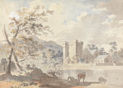 Castle below mountains with horses by a river by Sawrey Gilpin