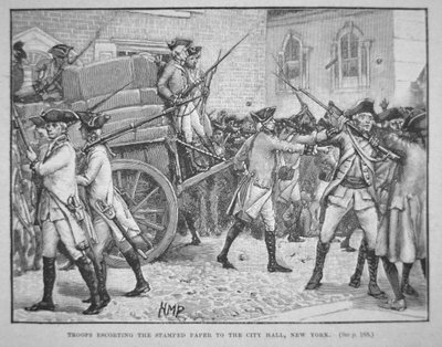 British troops escorting the stamped paper to the City Hall, New York by School American
