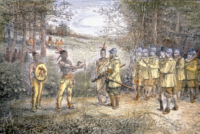 Captain Miles Standish trades with Wampanoag Indians in 1621 by School American