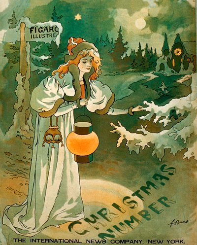 Christmas Poster with a woman holding a lantern in front of a snow covered cottage by School American