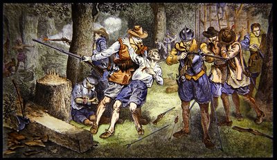 Defending the infant settlement against Indian attack in the colony of Jamestown, Virginia in 1607 by School American