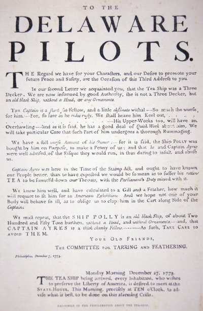 Facsimile of the proclamation from the Philadelphia patriots to the Delaware Pilots warning them not to deal with the British tea ship, 7 December 1773 by School American