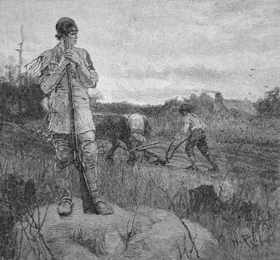 Guarding a farm against an Indian attack, after an illustration by Howard Pyle by School American