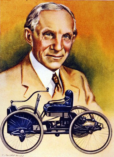 Henry Ford and his first motorcar of 1896 by School American