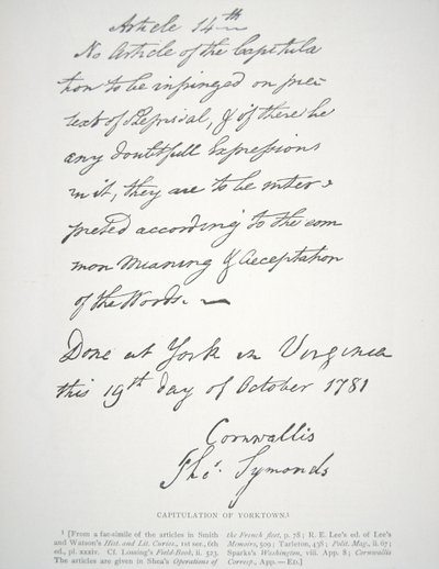 Letter of Capitulation of Yorktown, Signed by Lord Cornwallis by School American