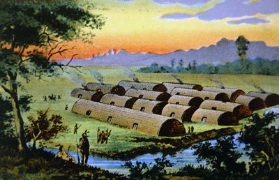 Manhattan Island, New York City, before the Dutch settled here showing an Indian village of the Wapinger confederacy by School American