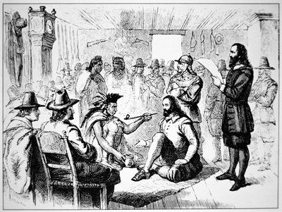 Massasoit, chief of the Wampanoag people, extends the peace pipe to John Carver in 1621 by School American