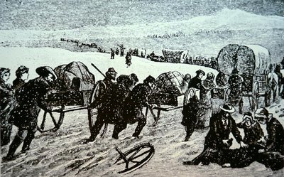 Mormon wagon train in a blizzard heading for Salt Lake City, Utah by School American