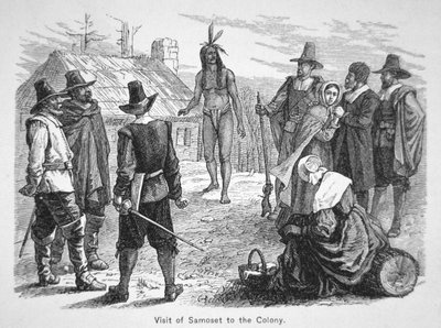 Samoset, Chief of the Pemaquids visits the Pilgrim Fathers in 1621 by School American