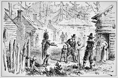 Samoset, chief of the Pemaquids visits the Pilgrim Fathers in 1621 by School American
