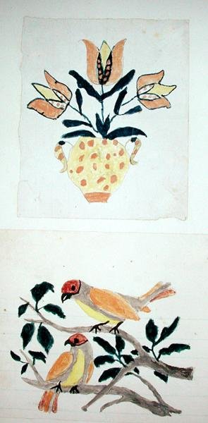 Vase of Tulips and Two Birds in a Tree by School American