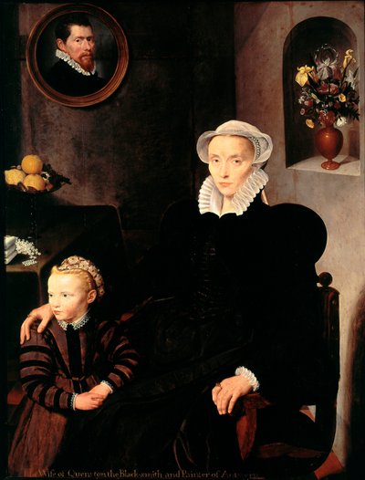 Portrait of the wife of the blacksmith and painter from Antwerp Quenston with her child by School Antwerp