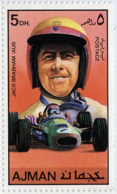 Emirates Arab Units stamp representing Australian car driver Jack Brabham (1926) by School Arabic