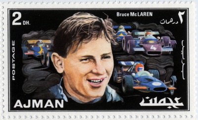 Emirates Arab Units stamp representing New Zealand car driver Bruce McLaren (1937-1970) by School Arabic