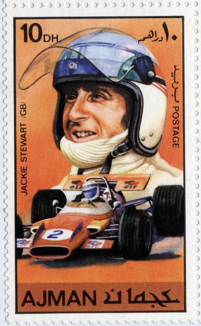 Emirates Arab Units stamp representing Scottish car driver Jackie Stewart (1939) by School Arabic