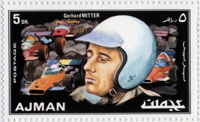 Emirates Arab Units stamp representing car driver Gerhard Mitter by School Arabic