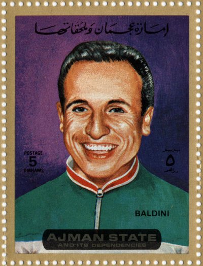 UAE Stamp Representing Cyclist Ercole Baldini (Born 1933) by School Arabic