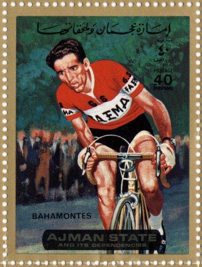 UAE stamp representing cyclist Federico Bahamontes by School Arabic