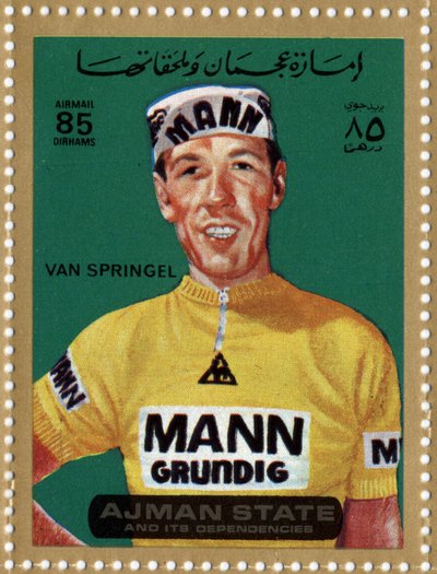 UAE stamp representing cyclist Herman Van Springel by School Arabic