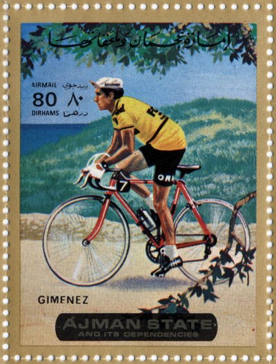 UAE stamp representing cyclist Julio Jimenez (1934) by School Arabic