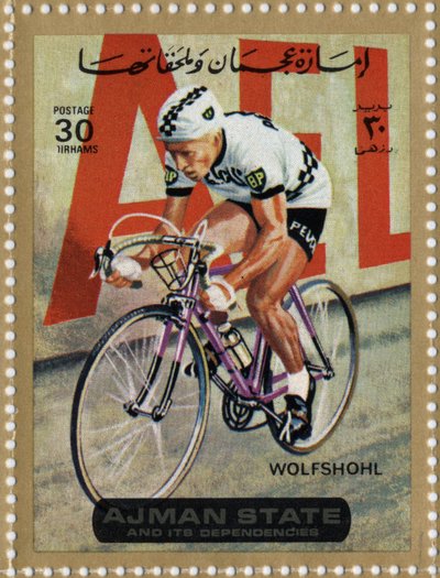 UAE stamp representing cyclist Rolf Wolfshohl (1938) by School Arabic