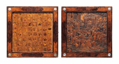 A Bohemian Silver-Mounted Relief-Carved Fruitwood Marquetry and Walnut Folding Games Box by school Bohemian