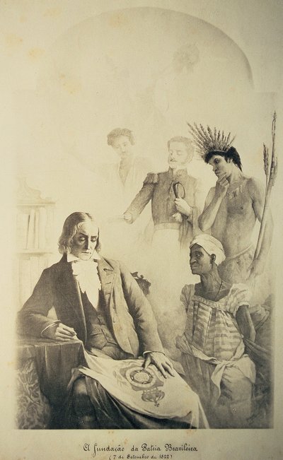 Founder of the Brazilian Country, 7th September 1822 - An Allegory representing the three races: the African slave, the Portuguese and the native Indian with Jose Bonifacio and Pedro I by School Brazilian