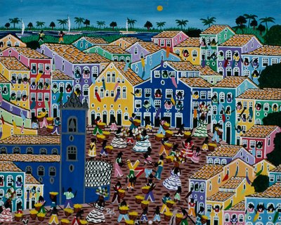 Naive art painting depicting market, Bahia State, Brazil by School Brazilian