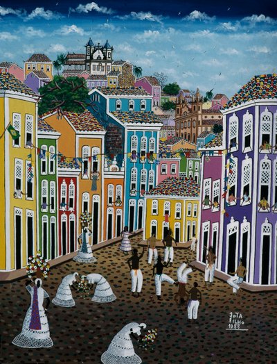 Naive art painting depicting street scene, Bahia State, Brazil by School Brazilian