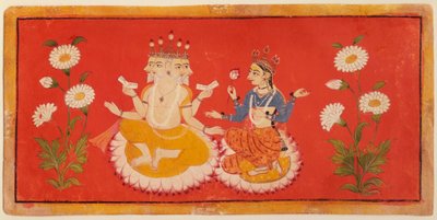 Brahma Seated with Saraswati Brahma Holding the Four Vedas and Saraswati Clutching a Lotus Petal, c.1650 by School Bundi