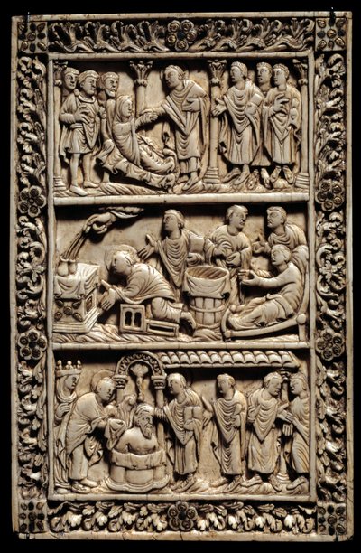 Carolingian Art: miracle of the Holy Bulb, ivory diptych depicting at the top, the resurrection of a young girl, in the centre a sick baptism, at the bottom the baptism of Clovis I (466-511) in the presence of Queen Clothilde on 25/12/498. 9th century. Ami by School Carolingian