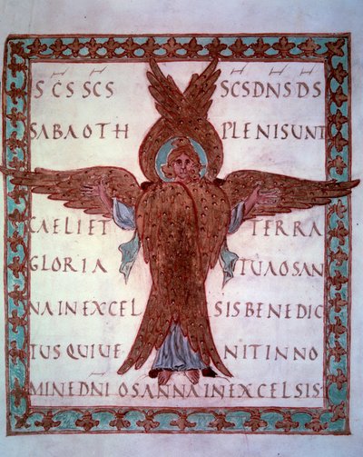 Representation of a miniature seraphin taken from the Carolingian manuscript “Sacramentaire de Drogon”, intended for Drogon, son of Charlemagne. 9th century Paris, B.N. by School Carolingian