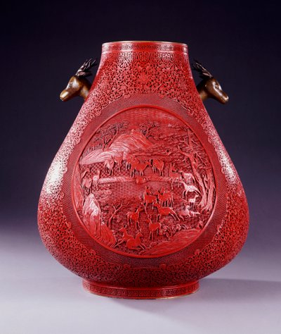 A Large Carved Red Lacquer Pear-Shaped Vase by School Chinese