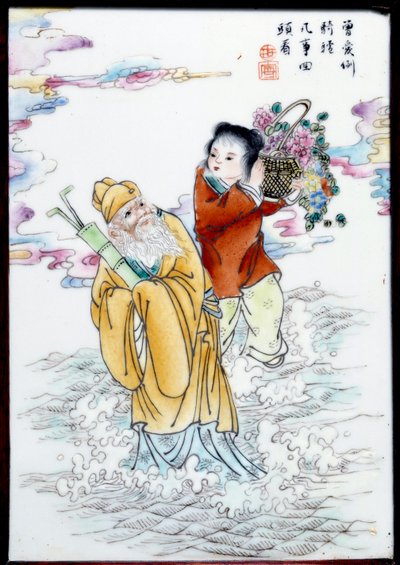 Allegory of Spring: A woman holding a basket of flowers and an old man walking in the spray by School Chinese
