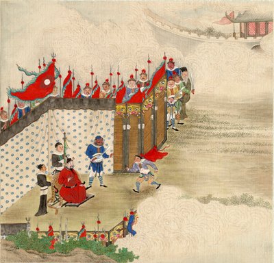 Chinese Art: A Chinese Prince Receiving a Messenger, Tempera on Silk from the Chinese School Around 1820, Dimensions 24.6x23.7 cm, Private Collection by School Chinese