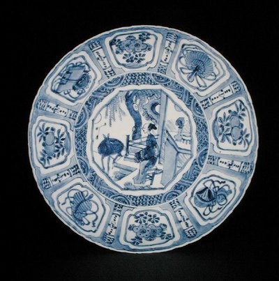 Blue and white kraak dish painted with a lady and a deer, Wanli by School Chinese
