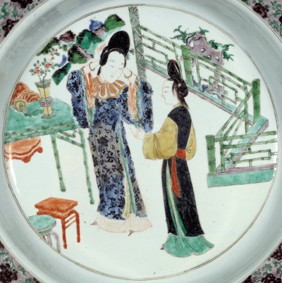 Chinese Art: “Two elegantly styled women” Ceramic plate of the 18th century. Paris, Guimet Museum, National Museum of Asian Arts by School Chinese