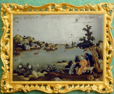 Chinese mirror painting of landscape, music and verse by School Chinese