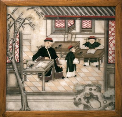 Decorative marble plate representing letters in their cabinet. Painted marble, Qing Dynasty (1644-1911), Chinese art. Musee d